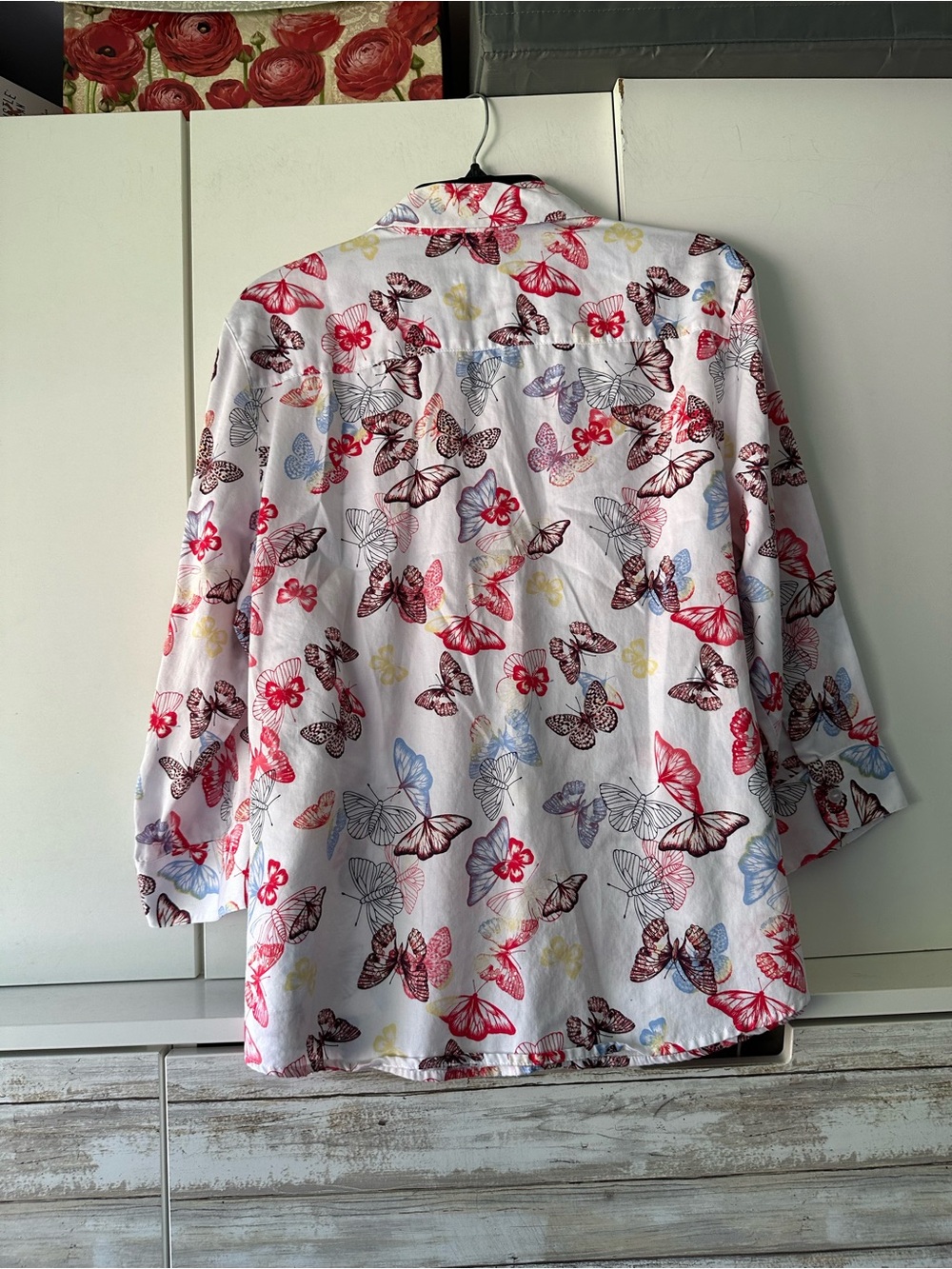 🦋 Foxcroft NYC Butterfly Print Shirt Size 14 White 100% Cotton Wrinkle Free - Picture 6 of 10